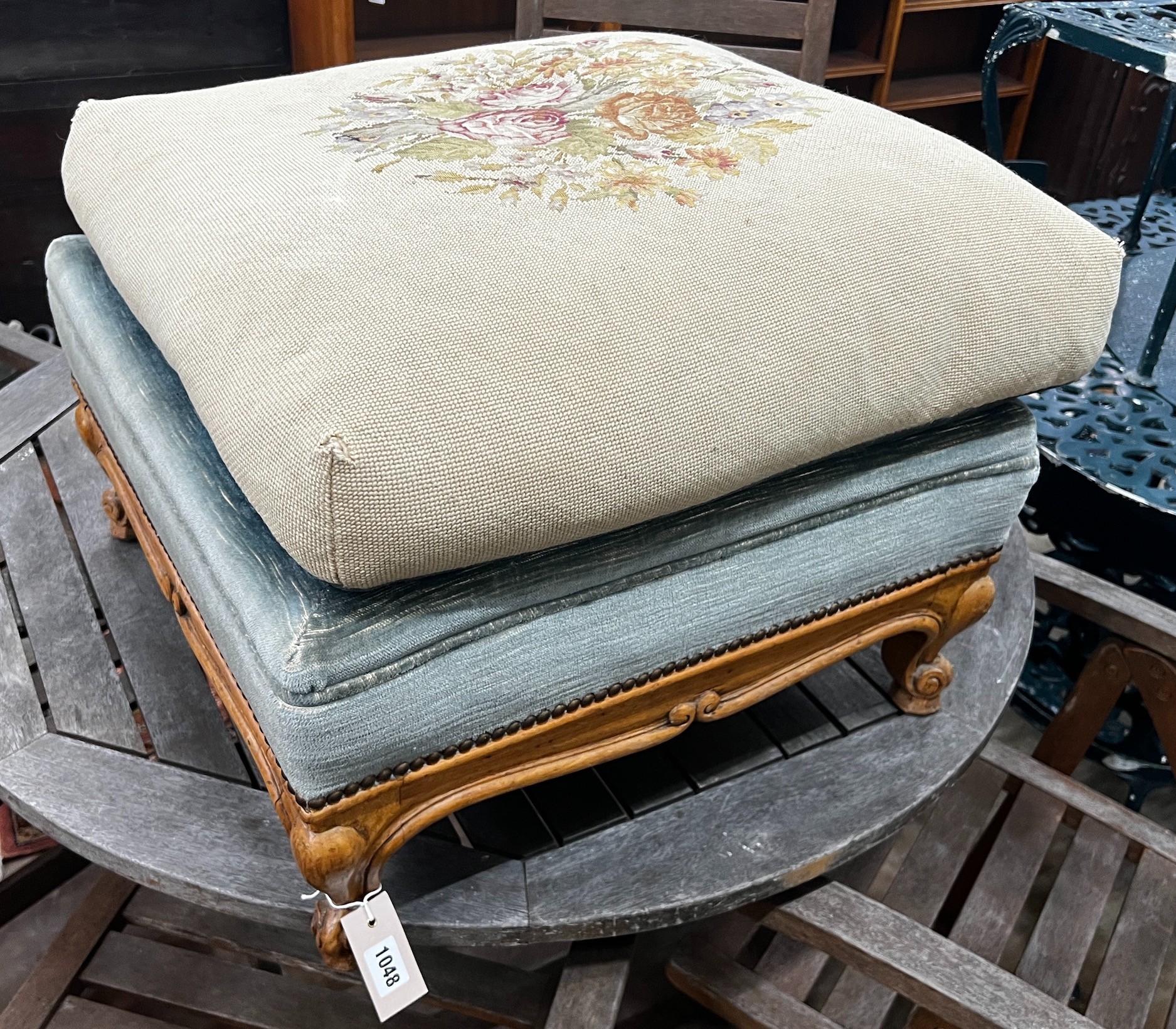 A Louis XIV style carved beech upholstered foot stool, width 58cm depth 56cm height 40cm